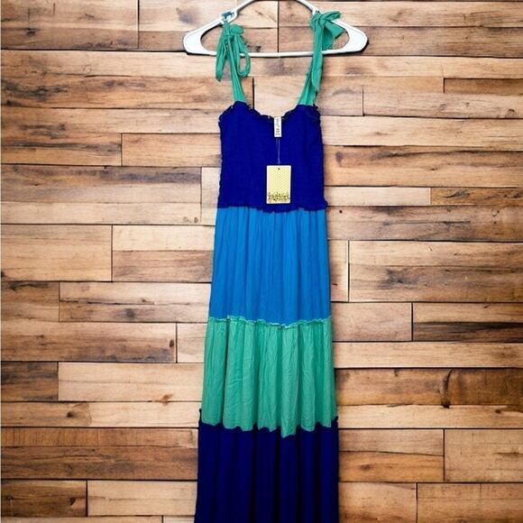 BeBop Womens extra Small Blue Lightweight color Block Spaghetti Maxi Dress new - Picture 1 of 7